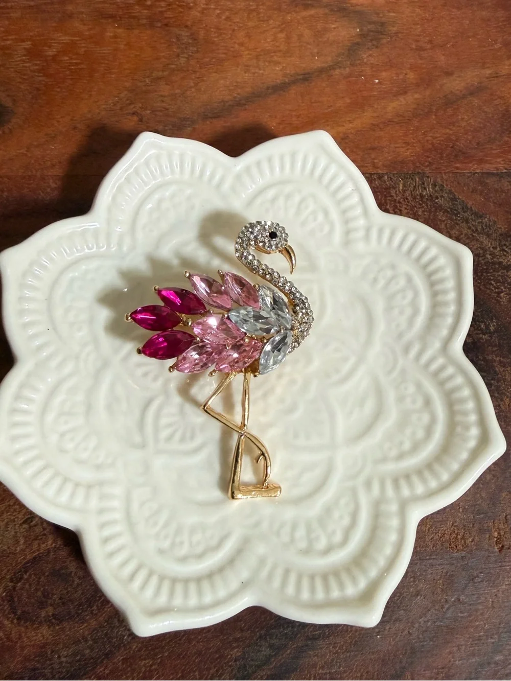New sparkling gold-tone flamingo brooch adorned with pink and clear crystals